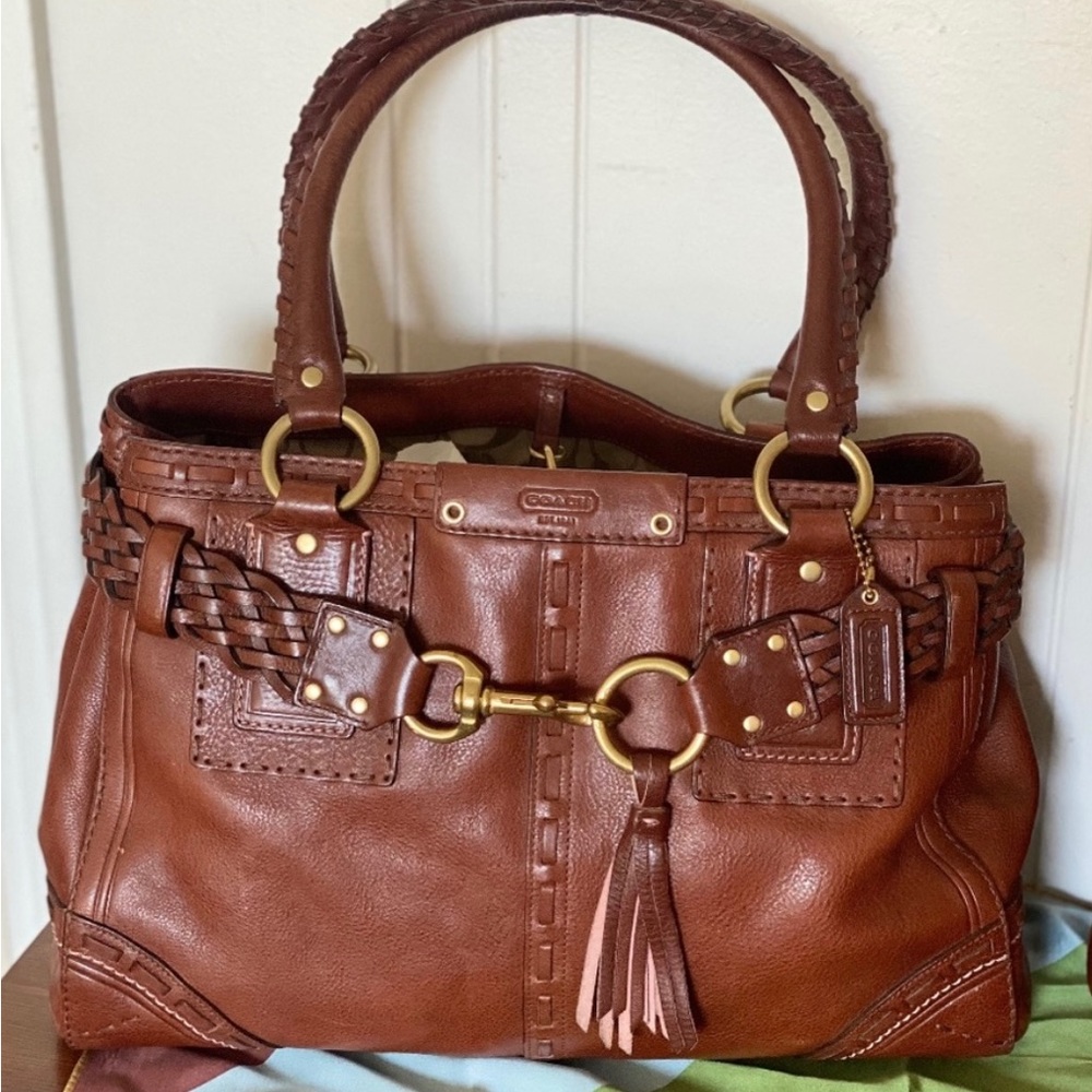 Vintage Coach Hamilton Braided Belted Tobacco Fringe Whipstitch Accents Satchel